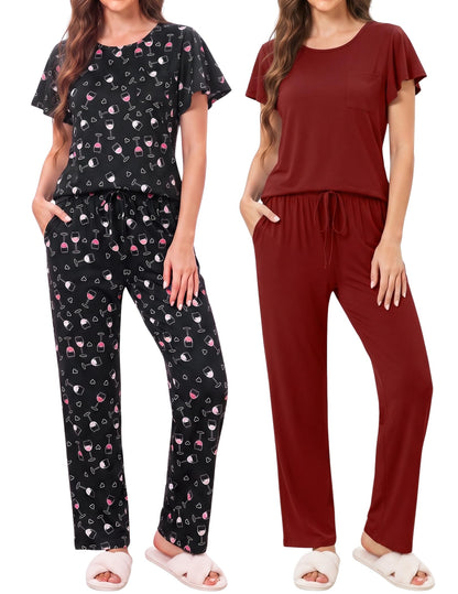 Ekouaer Pajamas for Women Set 2 Piece Comfy Loungewear, Lightweight Pjs Sleepwear, Short Sleeve Top & Long Pants with Pockets
