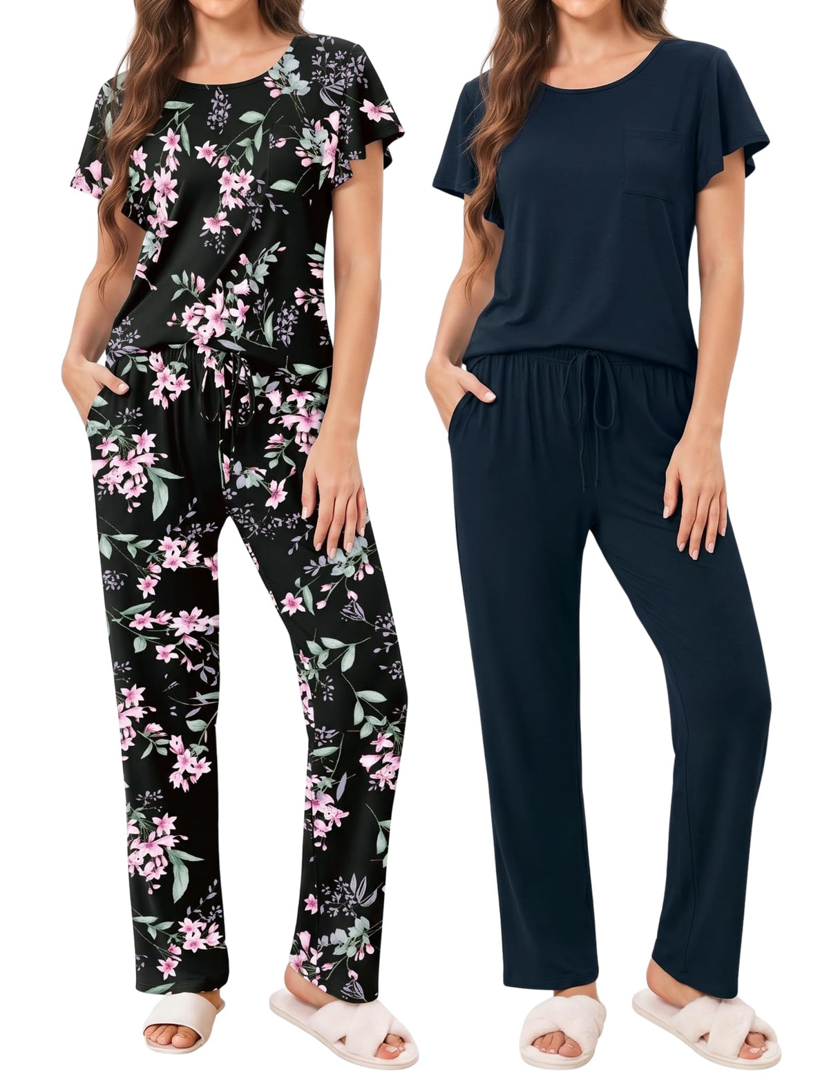 Ekouaer Pajamas for Women Set 2 Piece Comfy Loungewear, Lightweight Pjs Sleepwear, Short Sleeve Top & Long Pants with Pockets