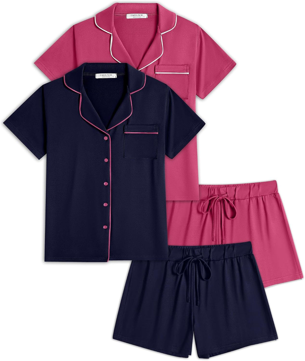 Ekouaer Womens Pajamas Set 2 Pack Button Down Summer Short Sleeve Pjs S-XXL