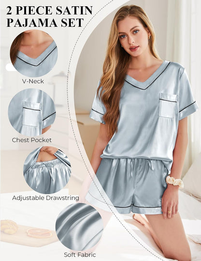 Silk Pajamas for Women Short Sleeve Satin 2 Piece Pj Set Soft V Neck Sleepwear Loungewear, S-XXL