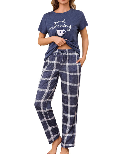 difficort Womens Pajama Sets Short Sleeve Long Pants Sleepwear with Pockets