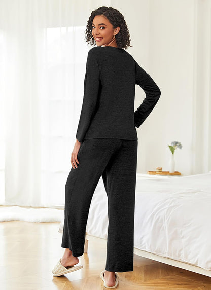 Ekouaer Womens Pajama Sets Button Up Long Sleeve Lounge Set Soft V Neck Pj