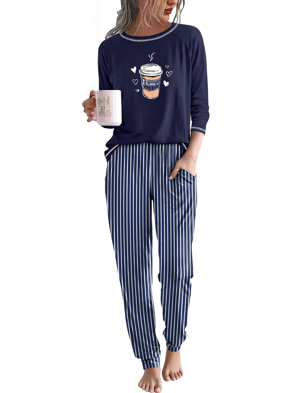 Ekouaer Women Pajama Sets Jogger Sleepwear Printed Lounge Set with Pockets