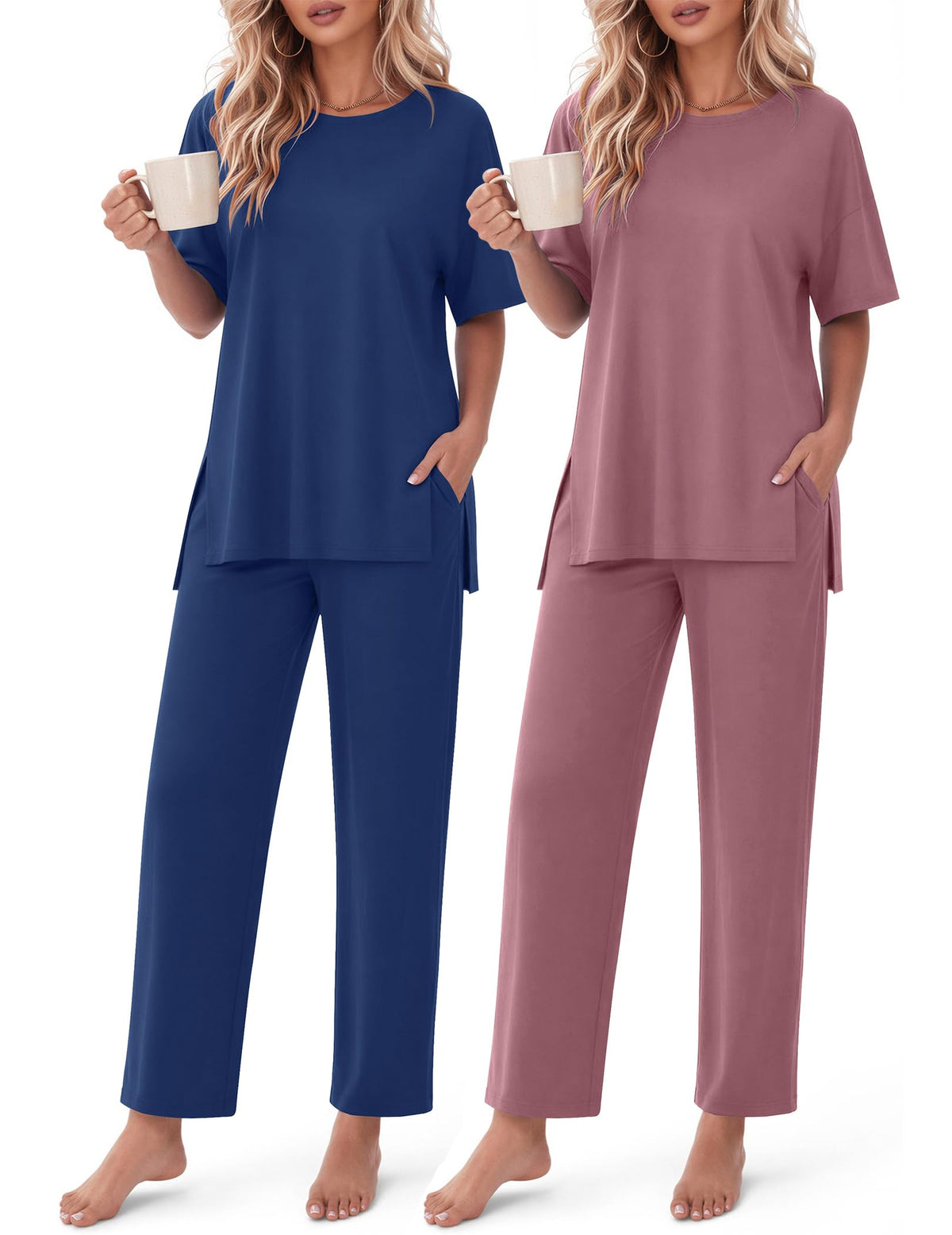 Ekouaer Women's Lounge Sets Short Sleeve Top Long Pants 2 Piece Outfit Set