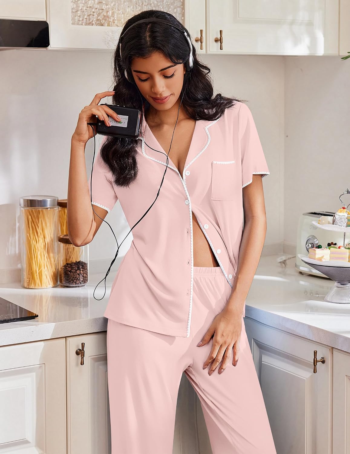 Ekouaer Pajamas for Women Set Button Up Soft Pjs Short Sleeve Lounge Sets