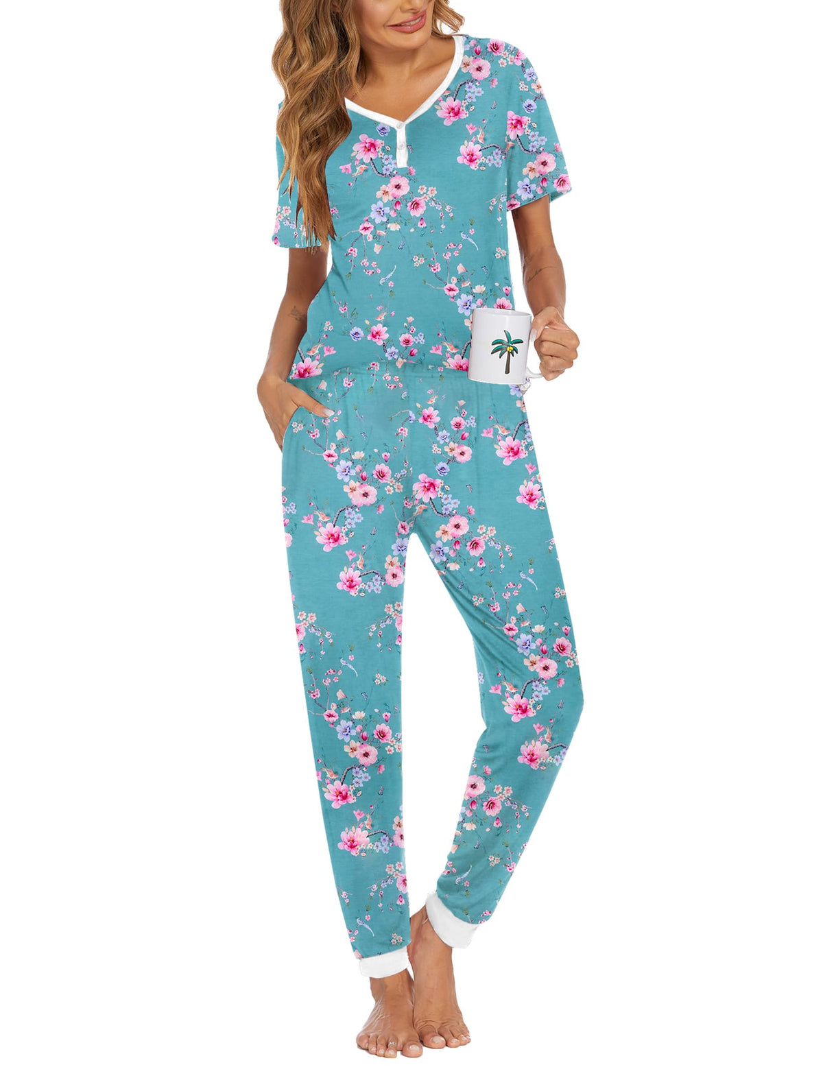 Ekouaer Pajamas for Women Set 2 Piece Short Sleeve Fall Pjs with Pockets
