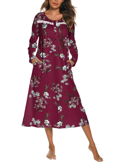 Ekouaer Long Sleeve Nightgown for Women Long Henley House Dress with Pocket