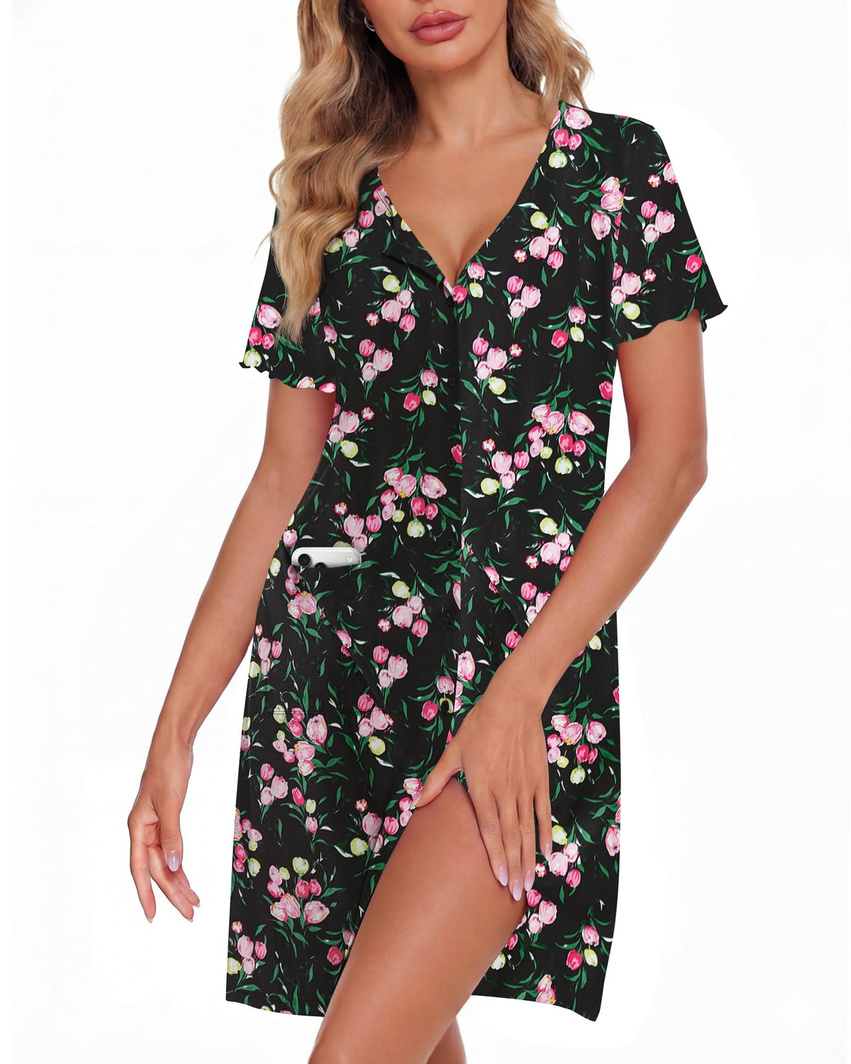 ZOOSIXX Nightgowns for Women - Short Sleeve Sleepwear Button Up Pajamas for Women V-Neck Sleepwear Dress with Pockets