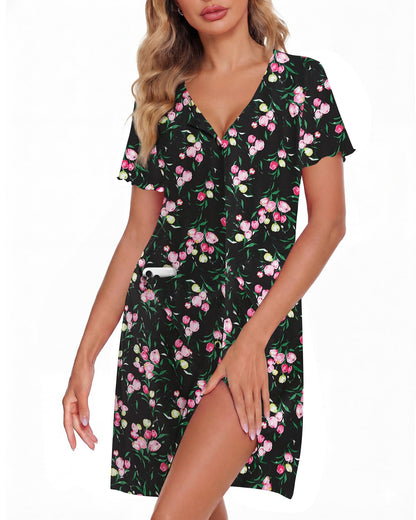 ZOOSIXX Nightgowns for Women - Short Sleeve Sleepwear Button Up Pajamas for Women V-Neck Sleepwear Dress with Pockets