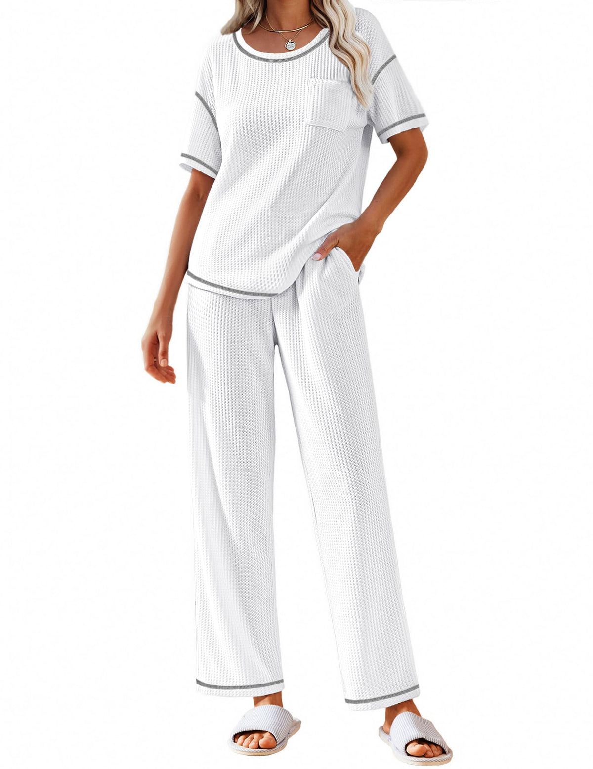 Ekouaer 2 Piece Summer Waffle Knit Lounge Sets For Women Short Sleeve Top and Long Pant Pajama Set Loungewear Pjs Set