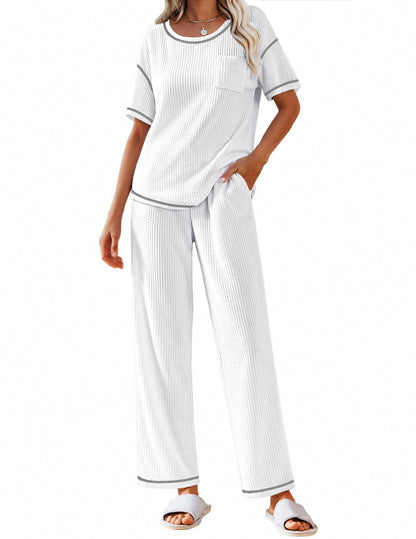 Ekouaer 2 Piece Summer Waffle Knit Lounge Sets For Women Short Sleeve Top and Long Pant Pajama Set Loungewear Pjs Set