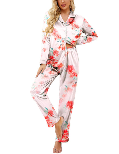 Ekouaer Women's Classic Button Down Long Satin Silk Pajama Set