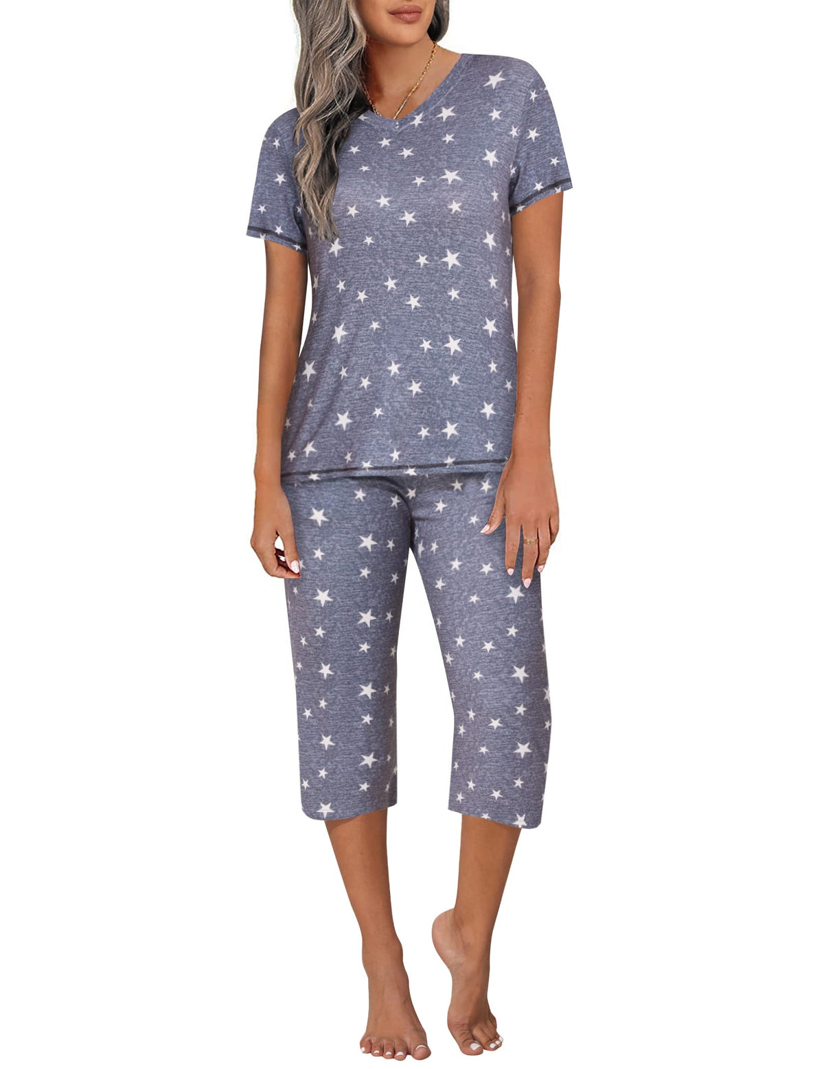 Ekouaer Women's Capri Pajama Sets Short Sleeve Two Piece Summer Lounge Sets