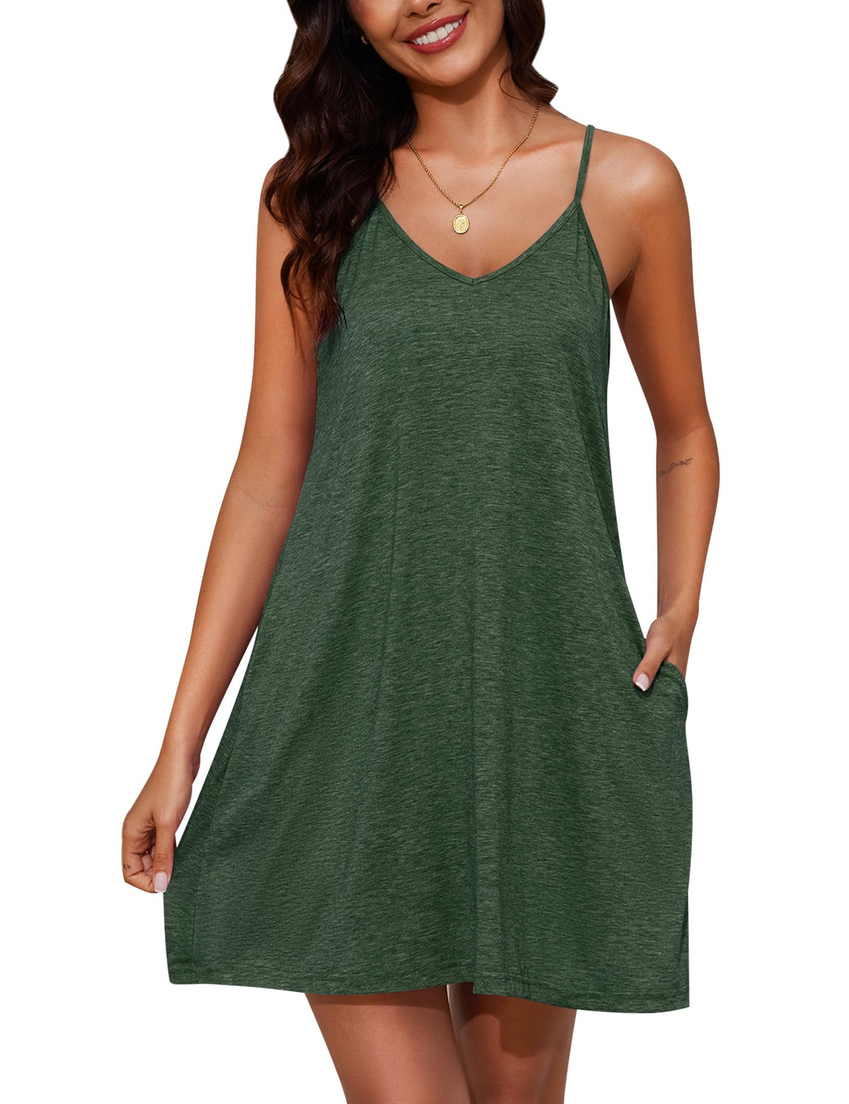 Marvmys Womens Cotton Sleeveless Nightgown Spaghetti Strap V Neck Full Slip Sleep Dress with Pockets