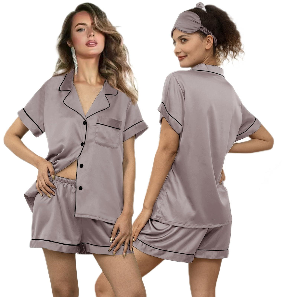 WJing Yi Jia 5Pcs Womens Soft Satin Pajama Set XS-4XL Button-Down Silk Pajamas Floral Sleepwear Bridal Pjs Lounge Pj Sets