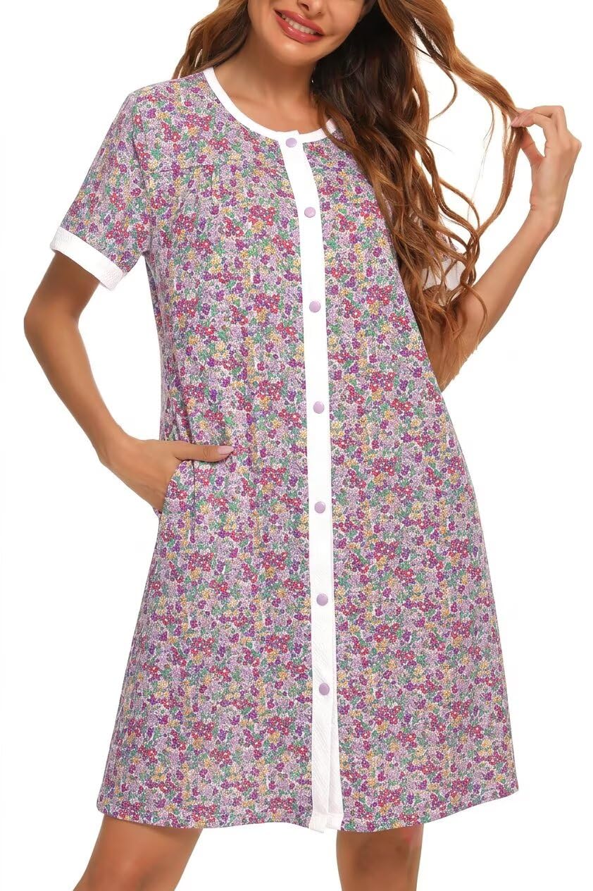 YOZLY House Dress for Women Short Sleeve House Coats Dusters Robe Moomoo nightgowns with Pockets