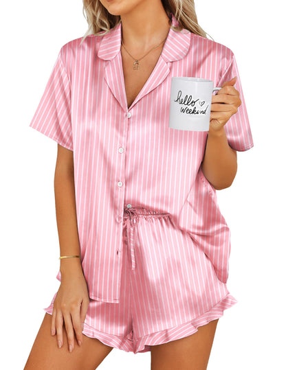 Ekouaer Womens Satin Pajamas Set Button Down 2 Piece Silk Pjs Shorts Set Ruffle Lingerie Notch Collar Sleepwear