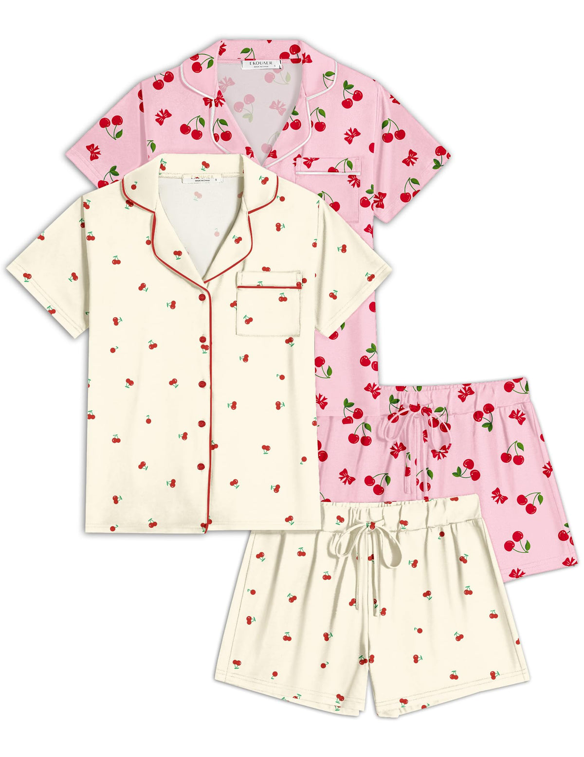 Ekouaer Womens Pajamas Set 2 Pack Button Down Summer Short Sleeve Pjs S-XXL