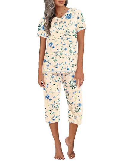 Ekouaer Women's Capri Pajama Sets Short Sleeve Two Piece Summer Lounge Sets