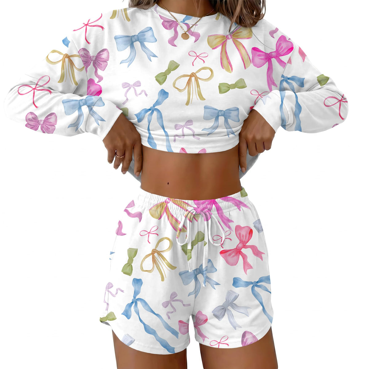 Ekouaer Womens Pajama Sets Long Sleeve Top and Shorts Lounge Set Sleepwear