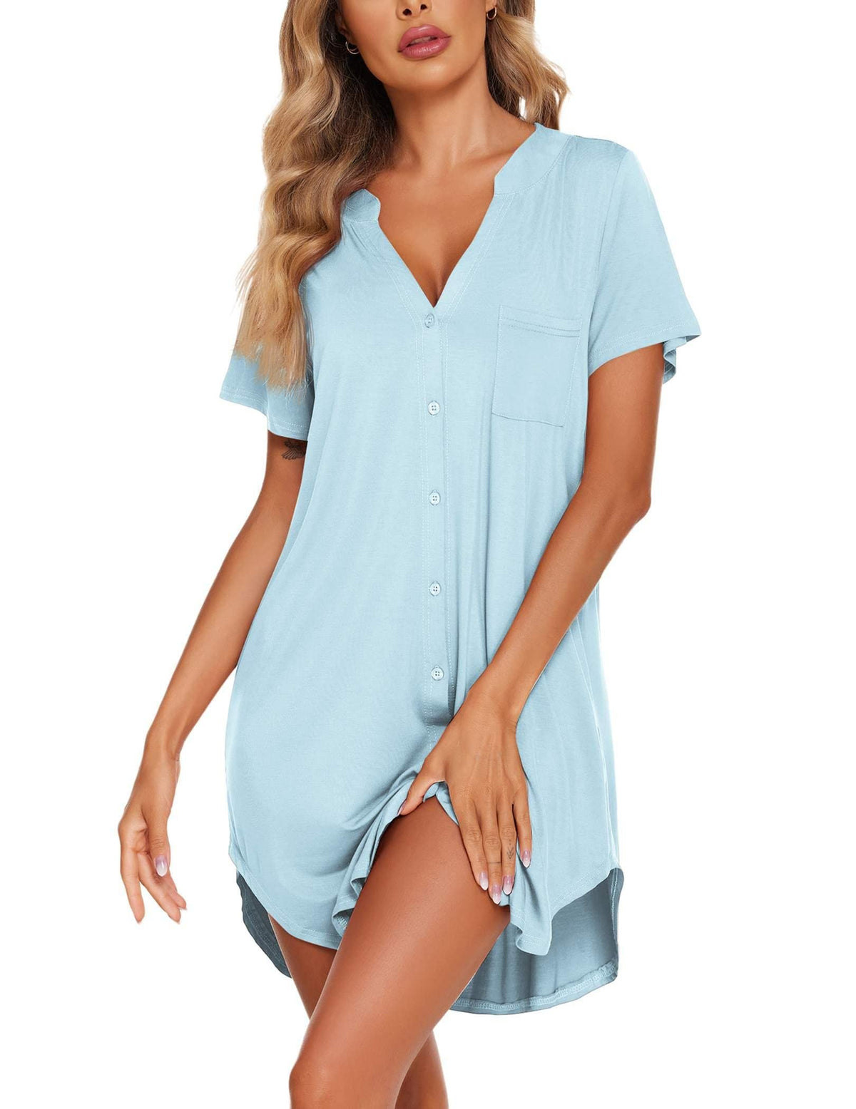 Ekouaer Womens Nightgown V Neck Button Down Sleepshirts Soft Sleepdress