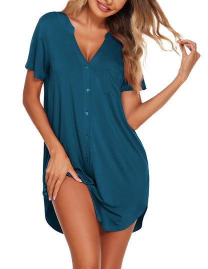 Ekouaer Womens Nightgown V Neck Button Down Sleepshirts Soft Sleepdress