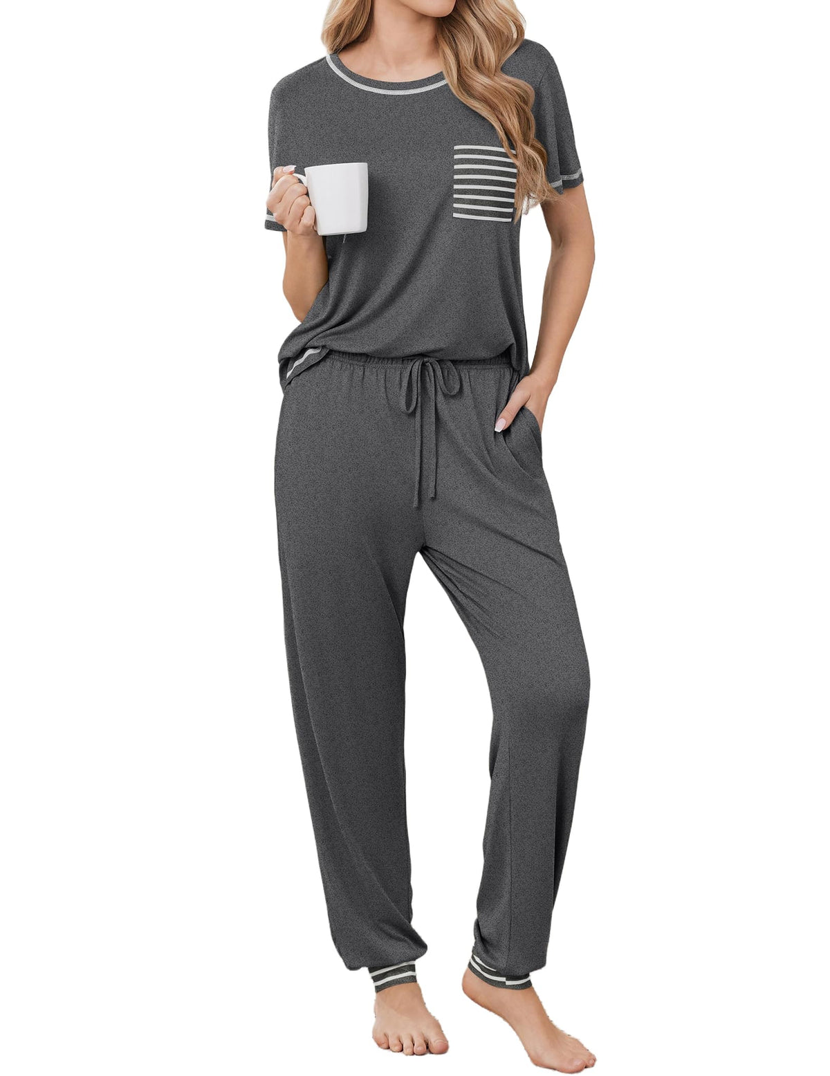Ekouaer Womens Pajama Sets Short Sleeve Lounge Set 2 Piece Long Pants Pjs