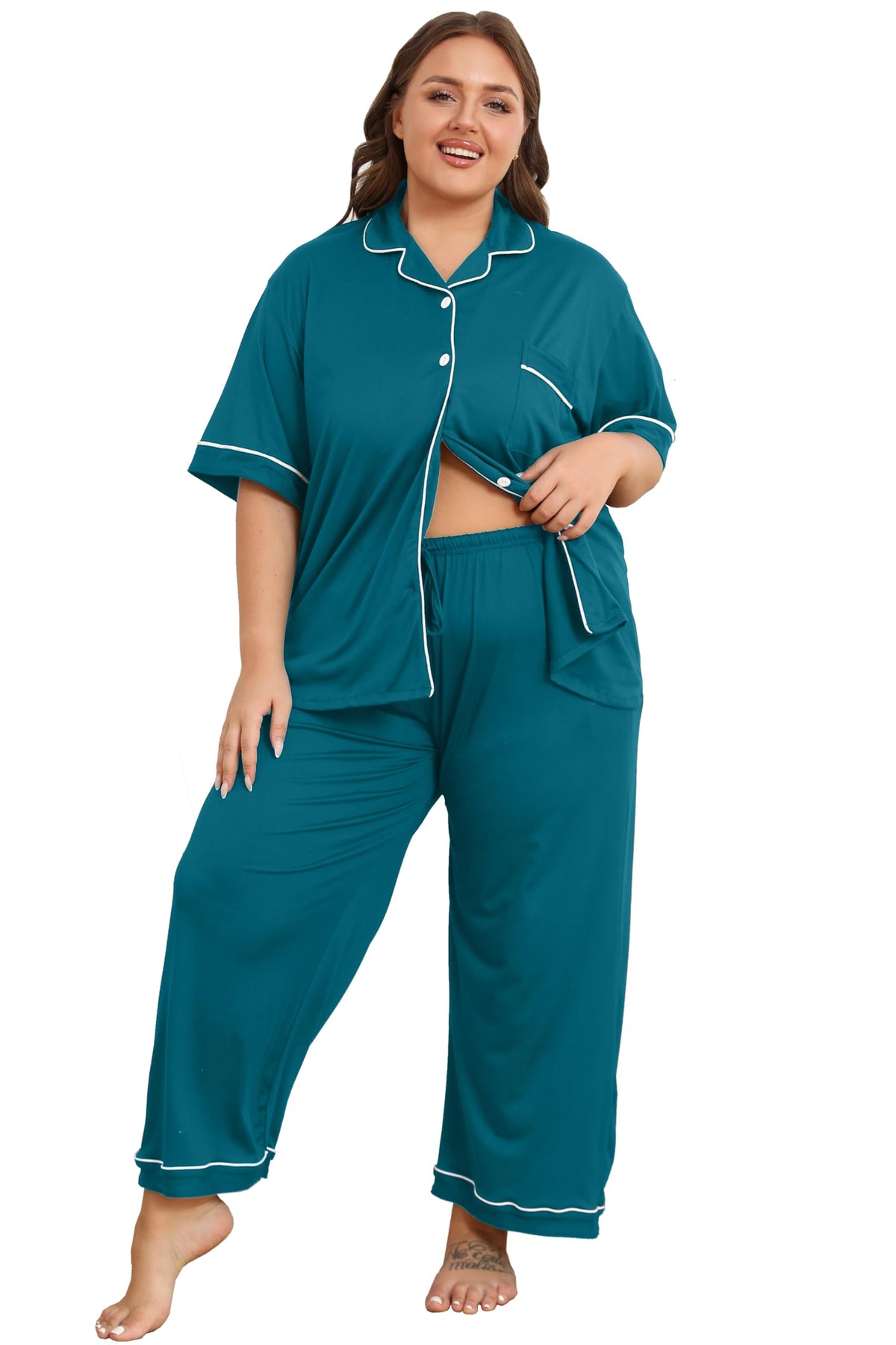 Vozanet Women's Plus Size Pajamas Button Down Shirt and Pants Soft Lounge Sets Bride Nighty Bottom with Pockets 1x to 5x