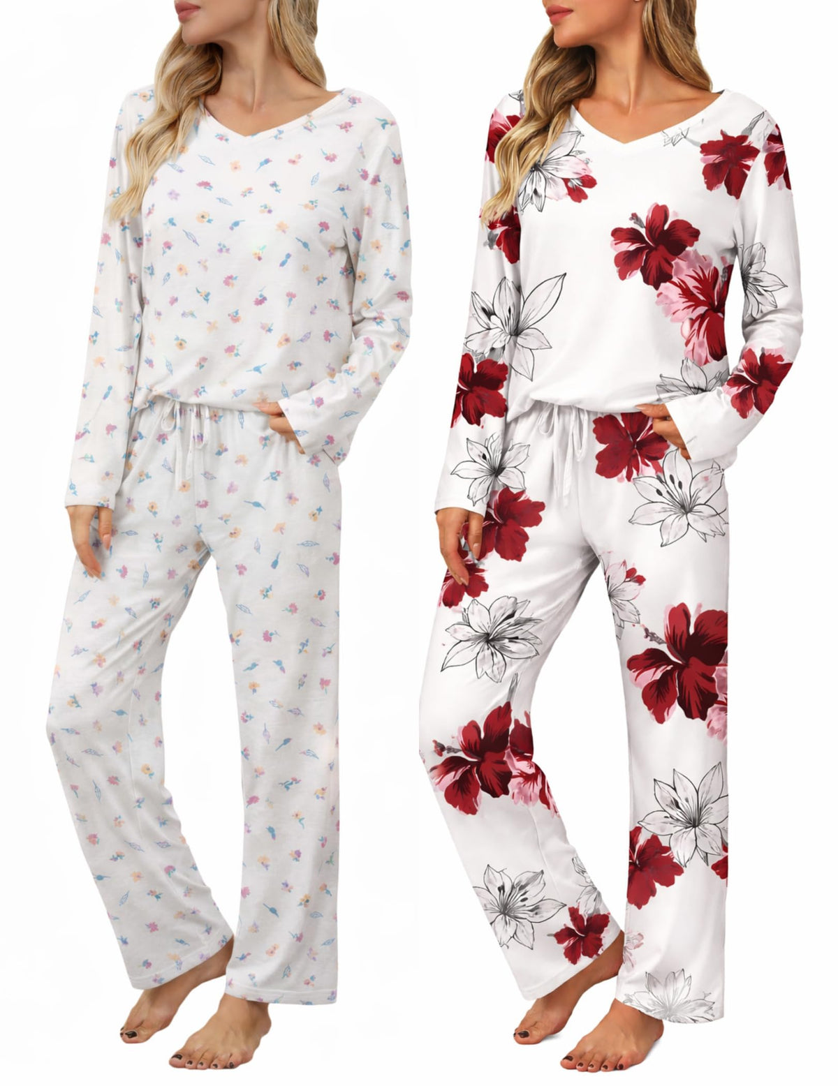 Ekouaer Women's 2 Pack Long Sleeve Pajama Sets V Neck Lounge Sets