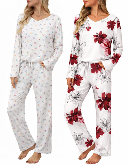 Ekouaer Women's 2 Pack Long Sleeve Pajama Sets V Neck Lounge Sets