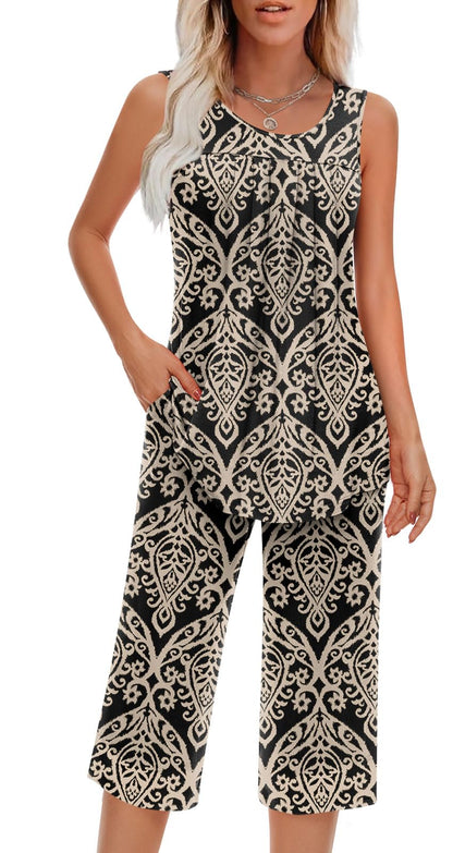 Findsweet Women Pajamas Sets Loungewear Soft Sleepwear Two Piece Summer Sleeveless Pjs Tank Top Pants with Pocket S-4XL