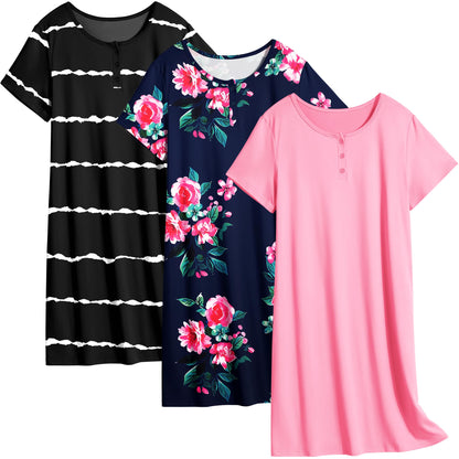 Ekouaer 3 Pack Women's Sleepshirts Soft Sleepwear Short Sleeve T-Shirt Nightgowns Casual Sleepdress Nightshirts