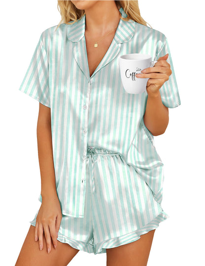 HOTOUCH Womens Satin Pajamas Set Button Down 2 Piece Ruffle Shorts Set