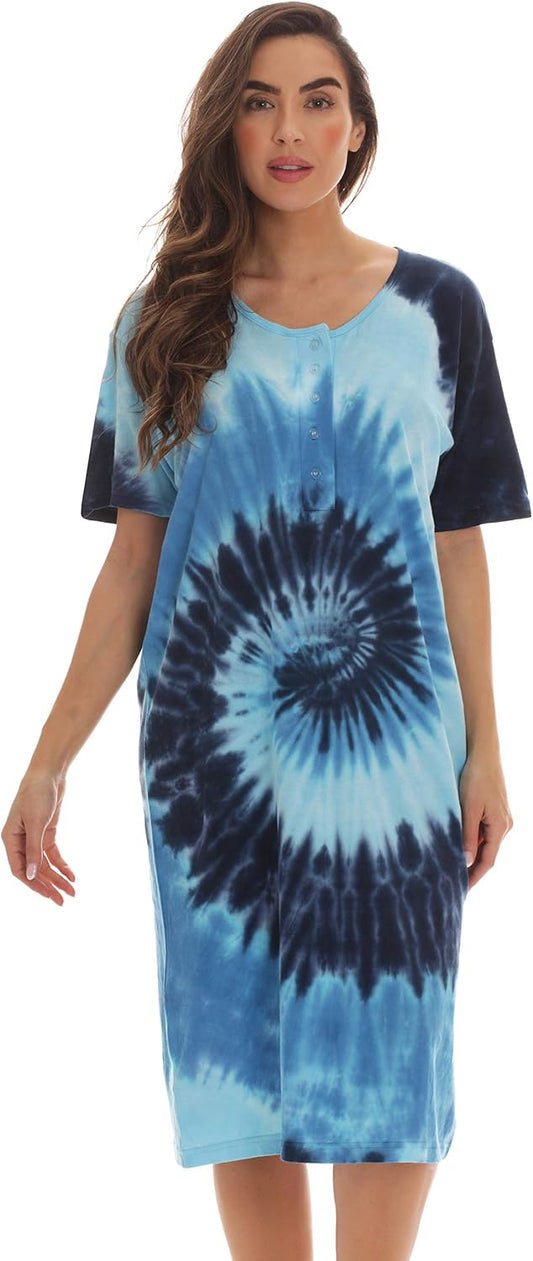 Just Love Women's Tie Dye Nightgown, 100% Cotton Short Sleeve Henley Sleep Shirt