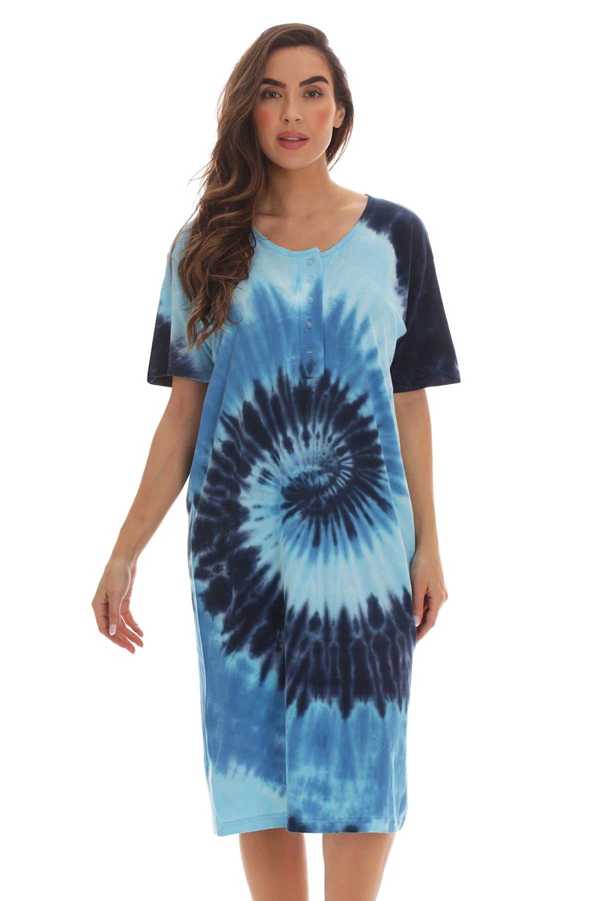 Just Love Women's Tie Dye Nightgown, 100% Cotton Short Sleeve Henley Sleep Shirt