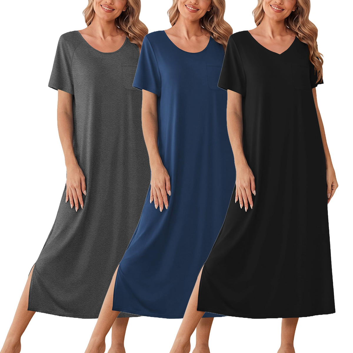Ekouaer Long Nightgowns for Women 3 Pack Plus Size Short Sleeve House Dress