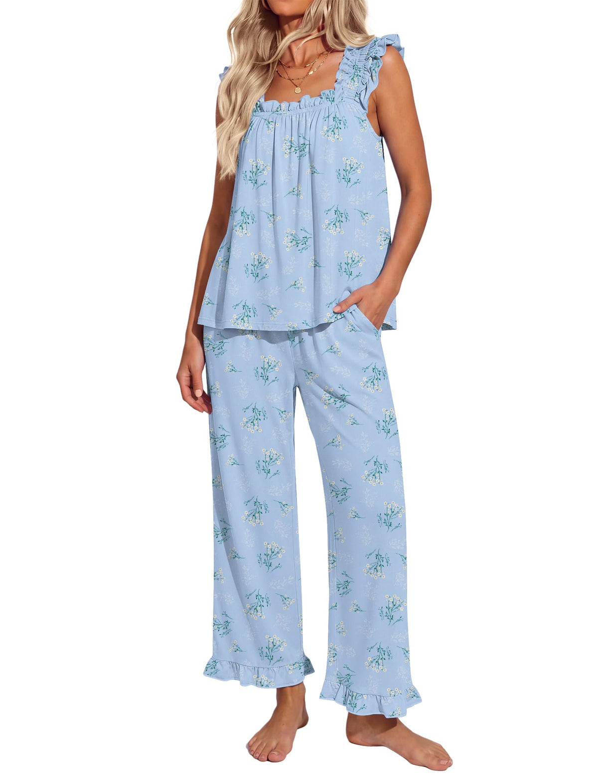 Ekouaer Pajamas for Women Set 2 Piece Ruffle Sleeveless Pj Bridal Sleepwear