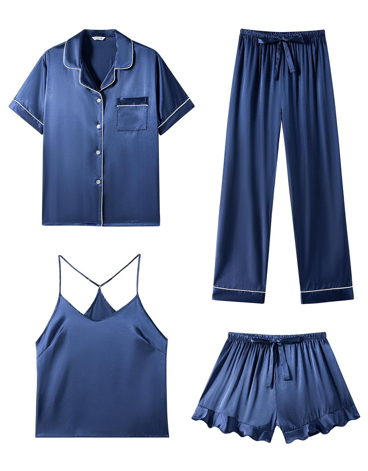 SAPJON Silk Satin 4 Piece Pajamas for Women Set, Camisole Lounge Ruffle Pjs
