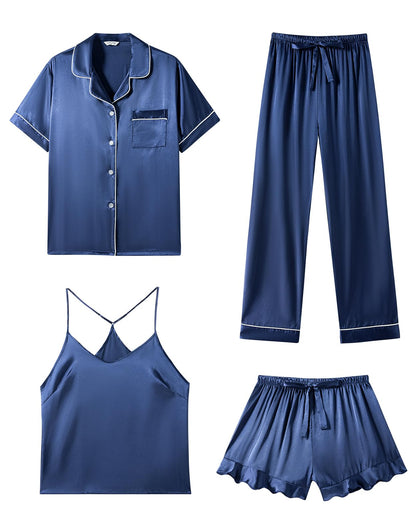 SAPJON Silk Satin 4 Piece Pajamas for Women Set, Camisole Lounge Ruffle Pjs