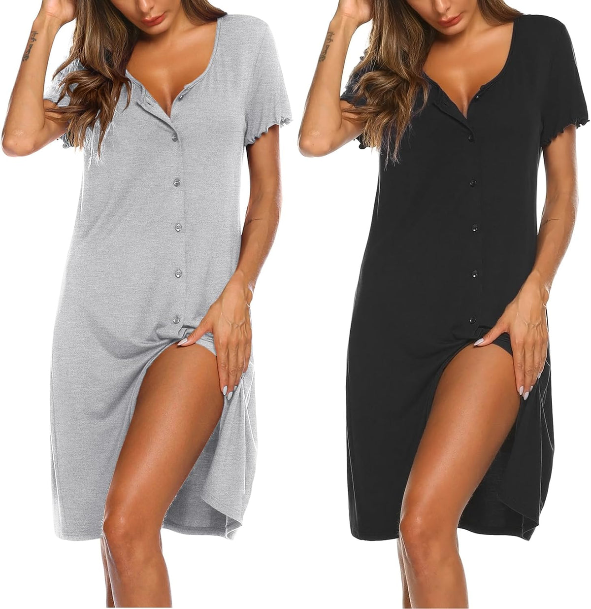 Ekouaer 2 Pack Nightgowns for Women Button Down Sleepshirts Night Gowns
