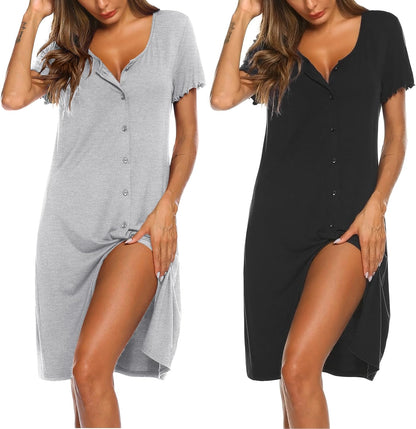 Ekouaer 2 Pack Nightgowns for Women Button Down Sleepshirts Night Gowns