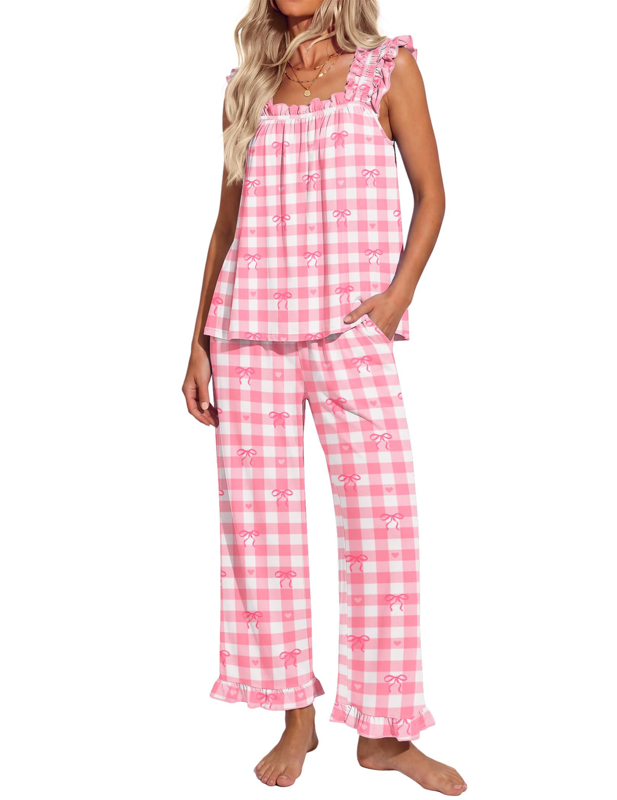 Ekouaer Pajamas for Women Set 2 Piece Ruffle Sleeveless Pj Bridal Sleepwear