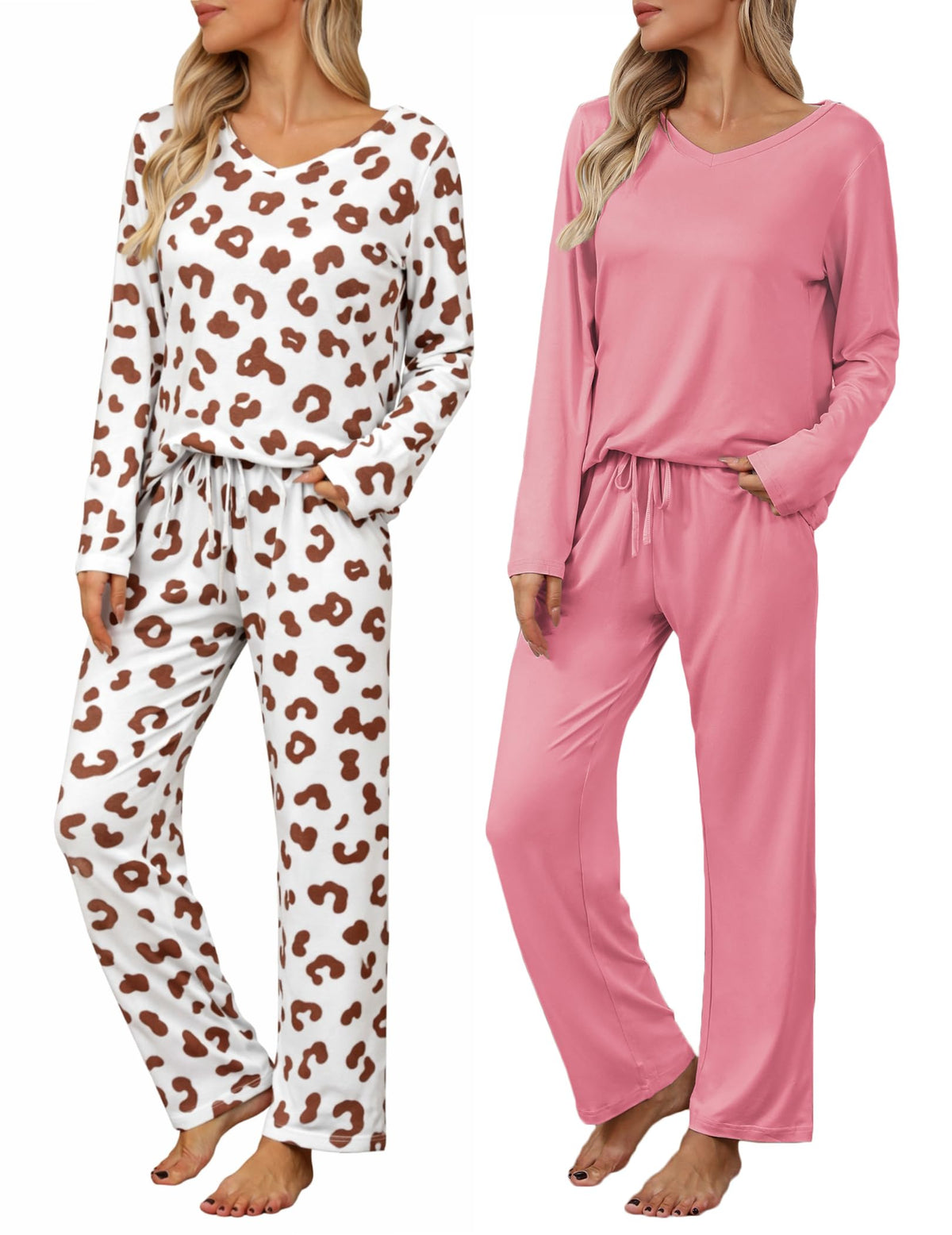 Ekouaer Women's 2 Pack Long Sleeve Pajama Sets V Neck Lounge Sets