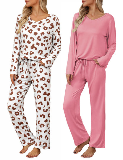 Ekouaer Women's 2 Pack Long Sleeve Pajama Sets V Neck Lounge Sets