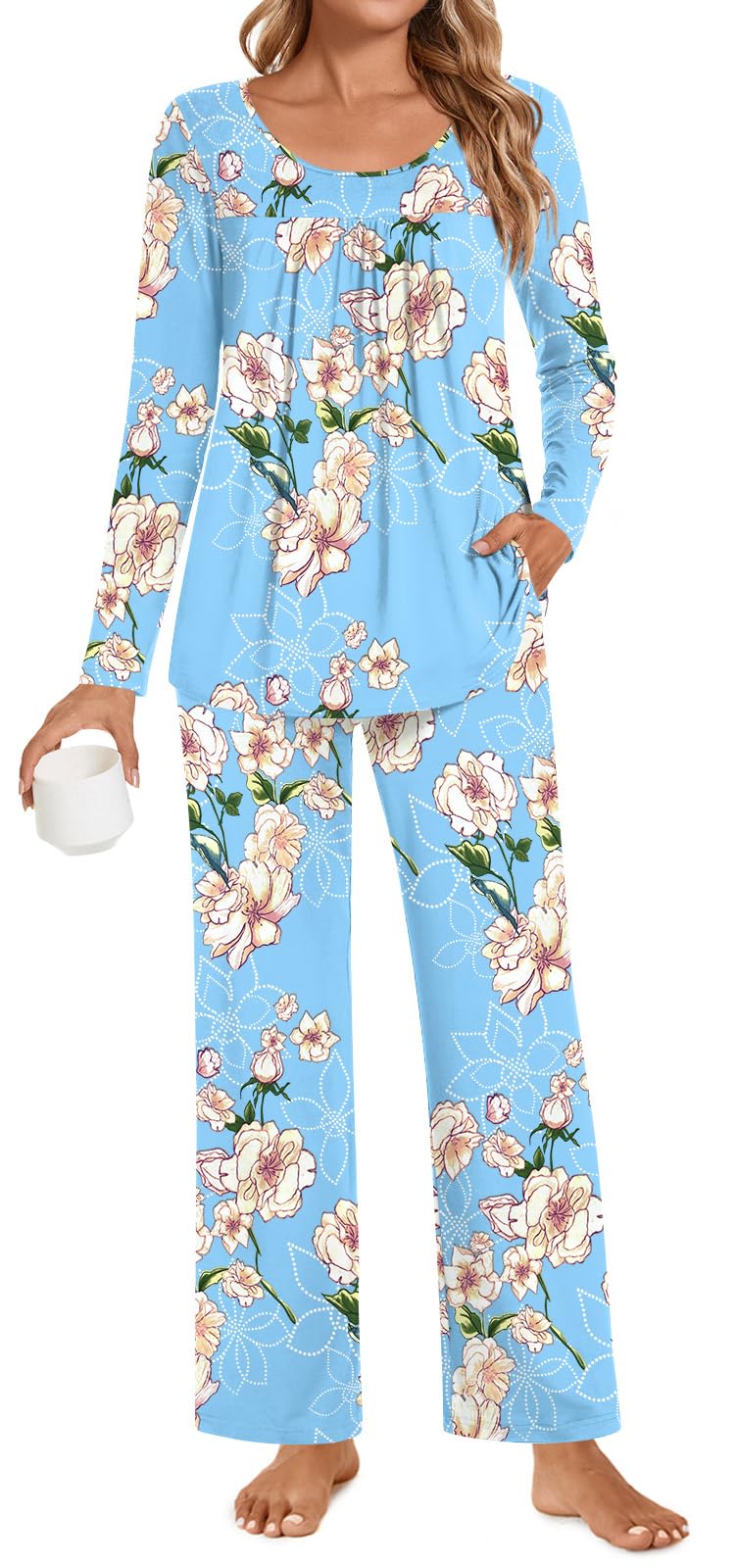 POPYOUNG Womens Pajama Set 2 Pieces Fall Pjs Comfy Sleepwear with Pockets