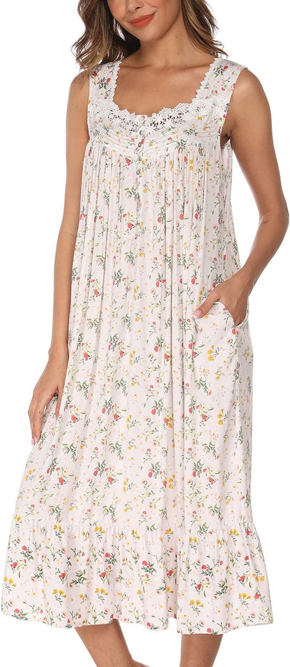 AVIIER Cotton Nightgowns for Women Sleeveless House Dress Ladies Long Nightdress with Pockets S-XXL