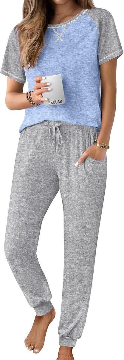 Ekouaer Pajamas for Women Set Short Sleeve PJ Set 2 Piece Jogger Pants