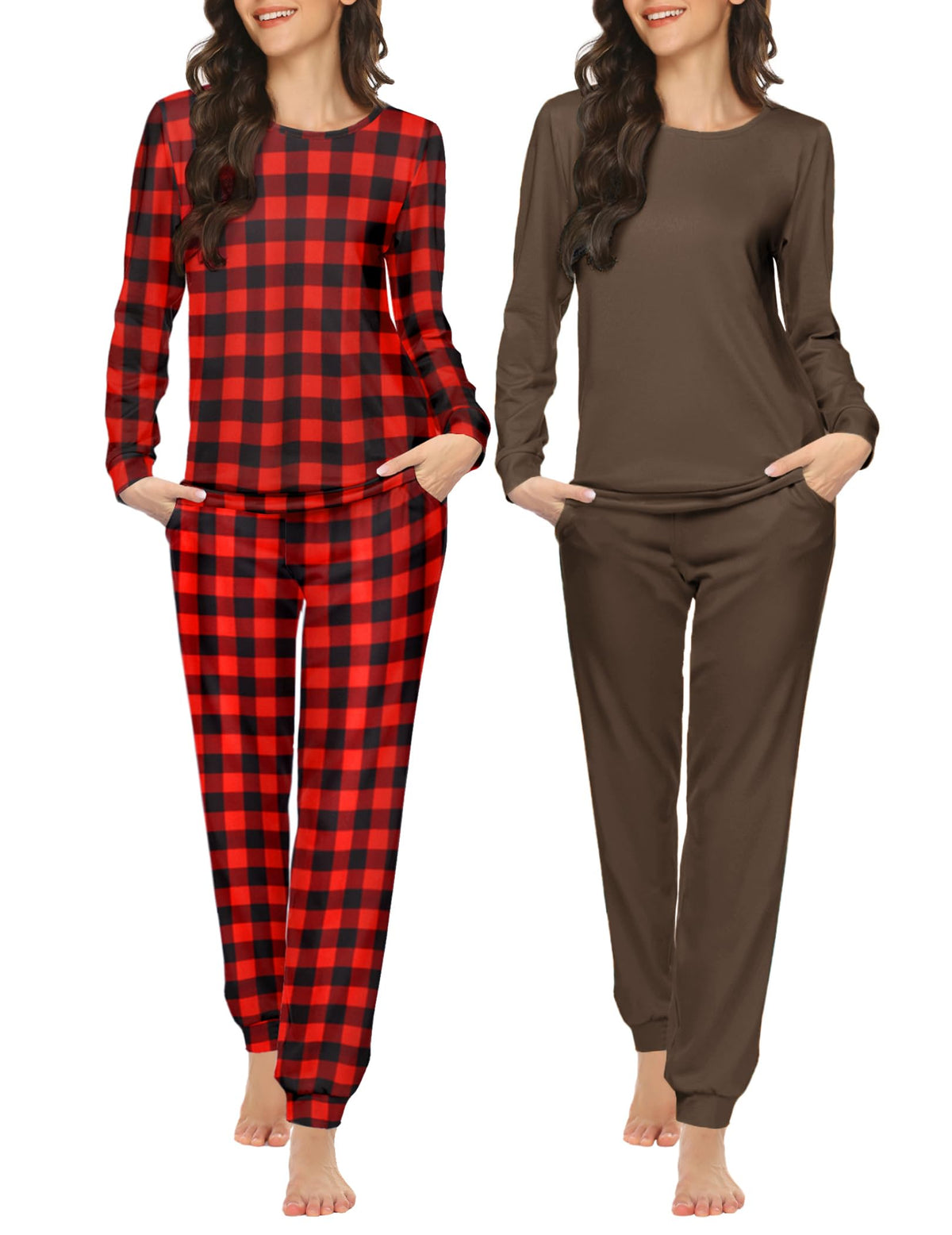 Ekouaer 2 Pack Pajama Sets for Women,Long Sleeve Top Jogger Pant Loungewear
