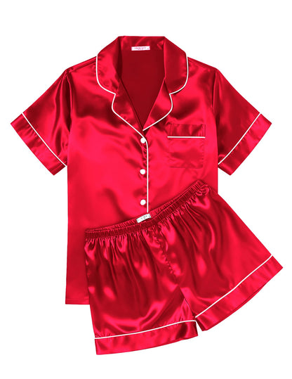 Ekouaer Womens Silk Satin Pajama Sets Soft Short Sleeve Button Up Sleepwear