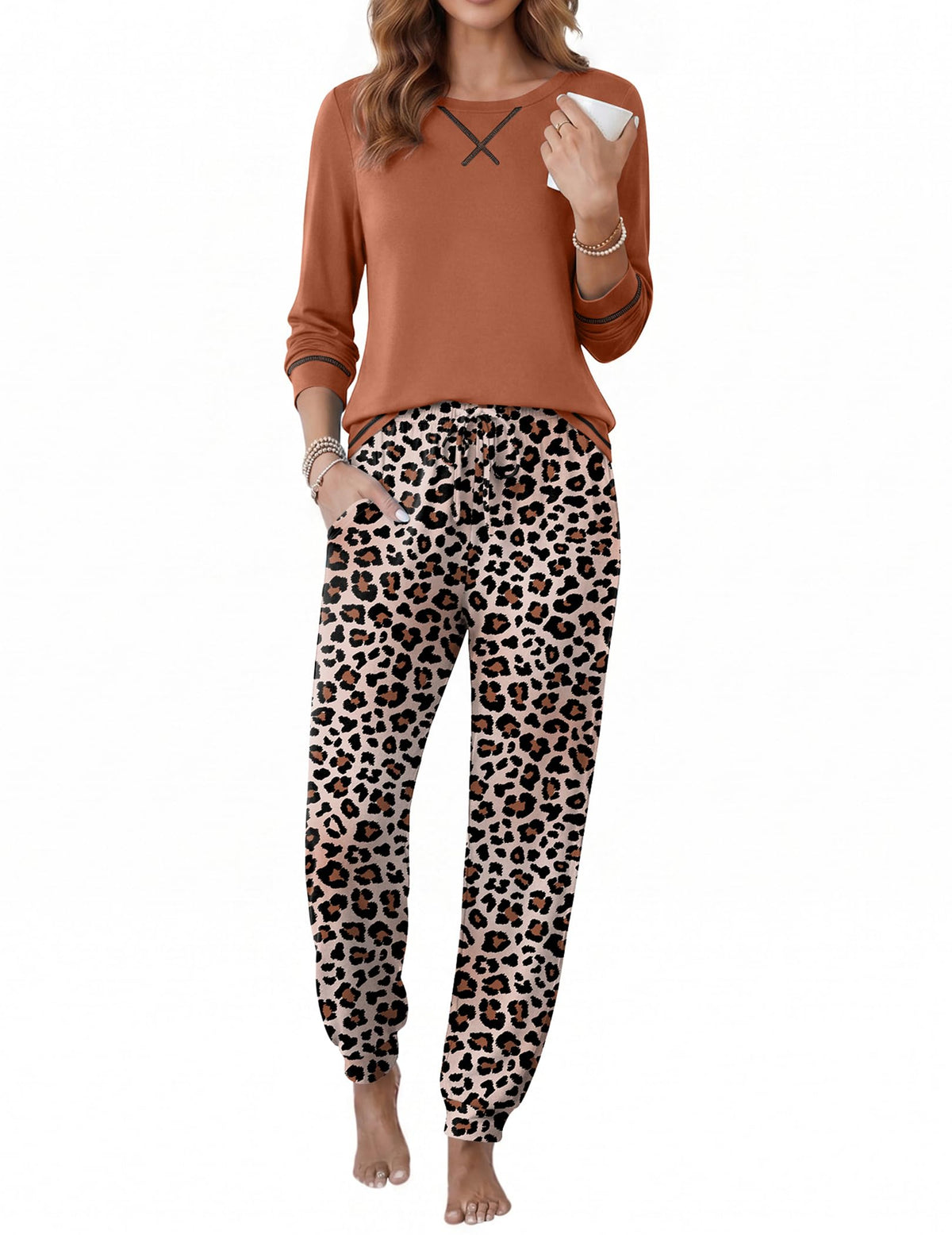 Ekouaer Pajamas for Women Set Long Sleeve Top and Jogger Pants Lounge Sets